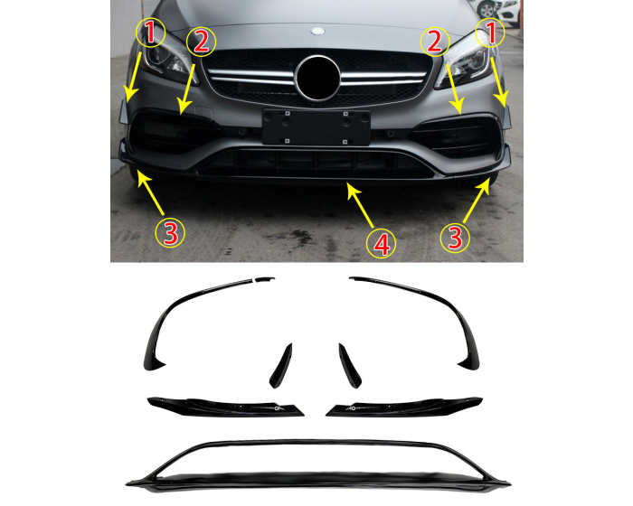 Mercedes A W176 Etulippa – Etuspoileri 2015–18 FACELIFT kiiltävä musta – Mercedes A W176 Front Spoiler 2015–18 FACELIFT gloss black – Mercedes A W176 Frontspoiler 2015–18 FACELIFT glänzend schwarz)