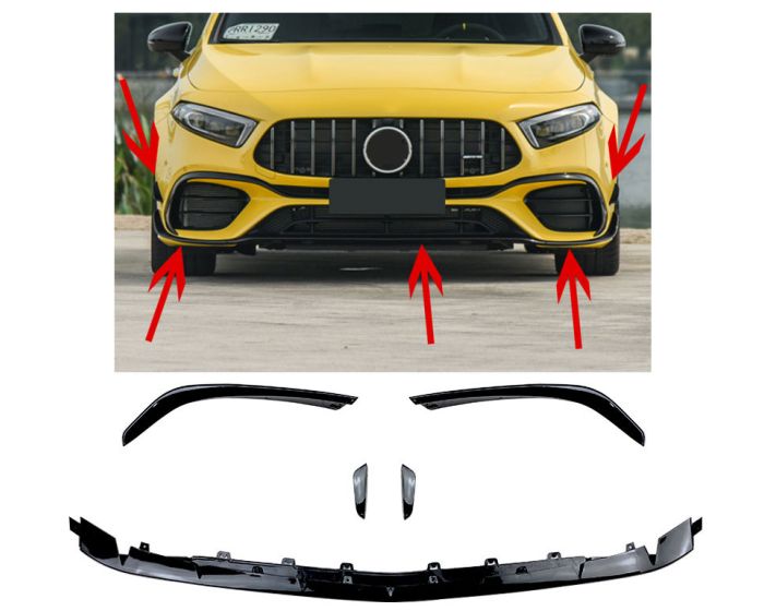 Mercedes W177 Etuspoileri + Keskipala + Sivupalat A45 AMG Musta 5-Osainen – Mercedes W177 Frontspoiler + Mittelteil + Seitenteile A45 AMG Schwarz – Mercedes W177 Front Spoiler + Center Piece + Side Pieces A45 AMG Black